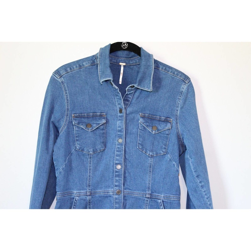 Free People Dynomite Denim Mini Shirt Dress Retro 70's Western Medium H14890 - Picture 4 of 15